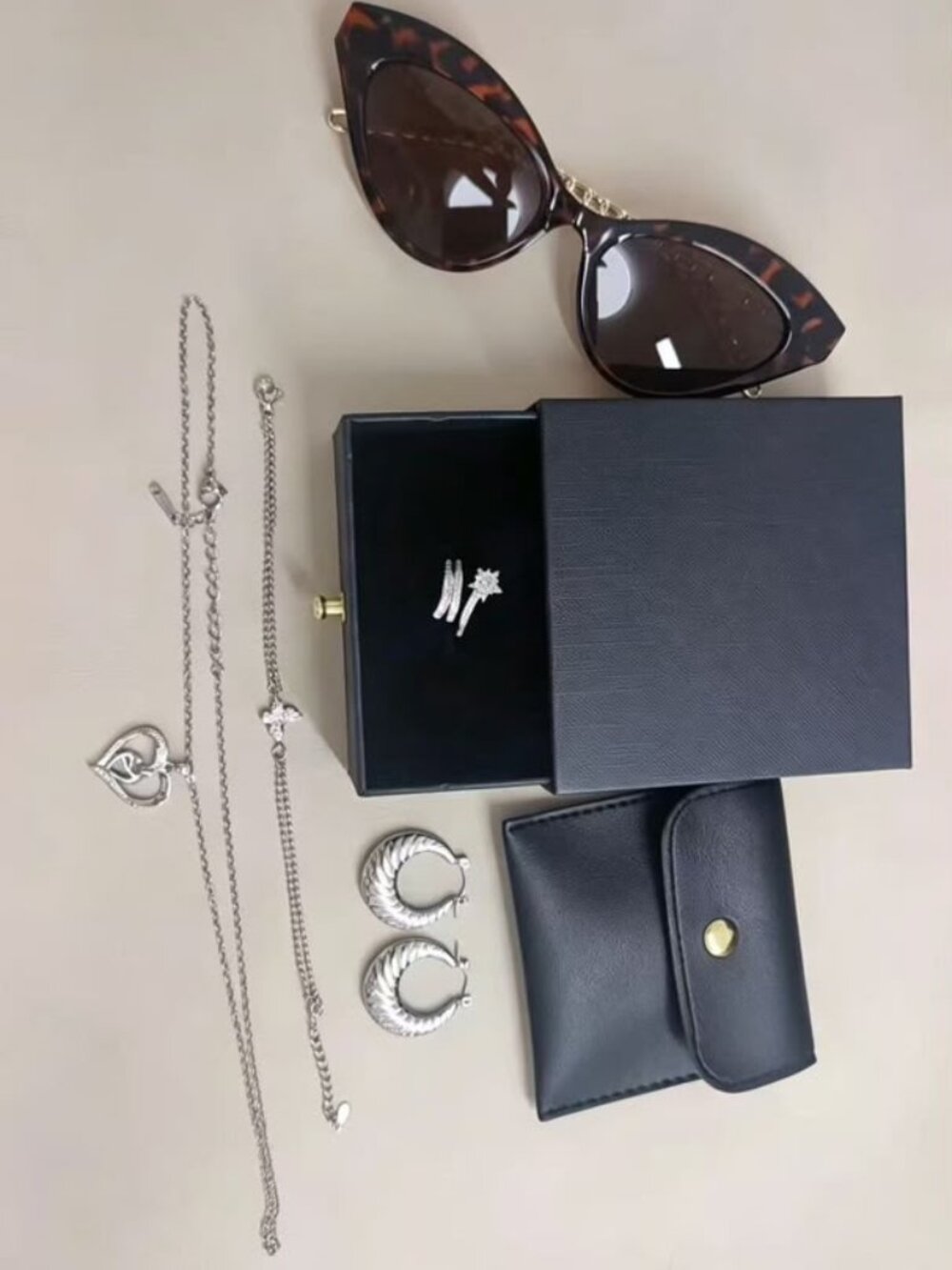 Silver Jewelry & Sunglasses Bundle | Heart Necklace Wrap Ring